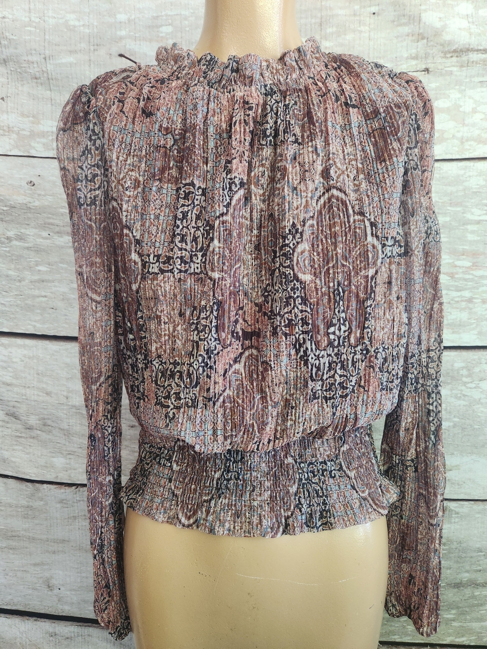 Joie Paisley Smocked Blouse in Pink and Brown